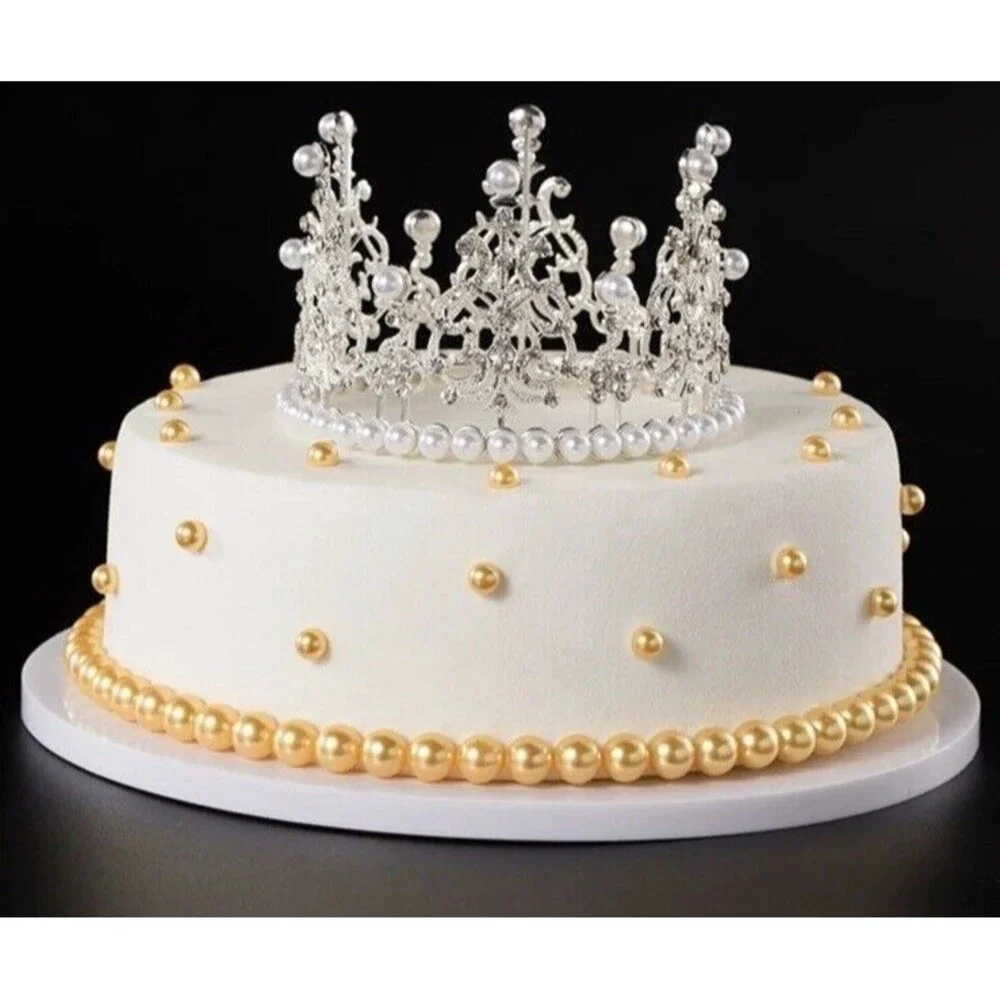 Silver Imitation Pearl Mini Crown Cake Topper Birthday Decor Decoration Wedding